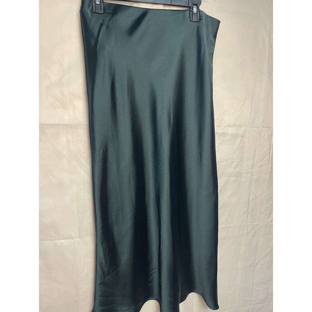 Zara Satin Midi Skirt Green Teal Slip Bias Cut Size L Elastic Waist Minimalist - Picture 2 of 8